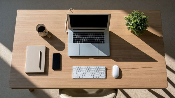 Bovenaanzicht van een opgeruimde thuiswerkplek met laptop, notitieboek, koffiemok en groene plant