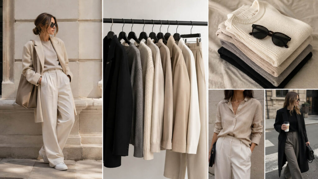 Overzicht van kleding in neutrale tinten met beige, zwart en crème voor veelzijdige outfits