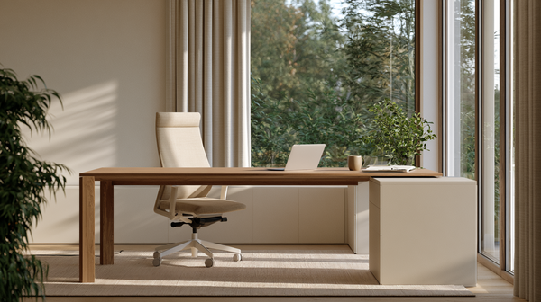 Professionele en rustige thuiswerkplek met bureau, ergonomische bureaustoel en groene plant bij een raam