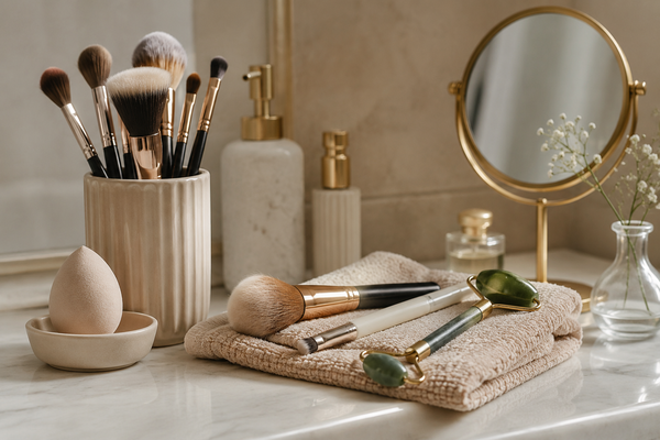 Schone beautytools zoals make-upkwasten, beautyblender en gezichtsroller op een badkamermeubel voor een hygiënische beautyroutine